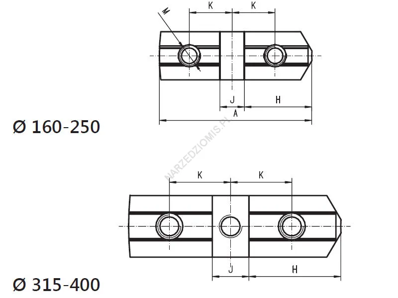 Rysunek techniczny: Szczęki SP 160 podstawowe z podw. prowadnicami KPL 4 szt do: 3602,3603 - BISON-BIAL